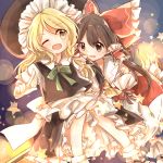  2girls bare_shoulders blonde_hair bow bowtie broom broom_riding brown_eyes brown_hair commentary_request detached_sleeves frilled_skirt frills green_bow green_bowtie hair_bow hair_tubes hakurei_reimu hat kirisame_marisa kosencha large_bow multiple_girls one_eye_closed open_mouth red_bow skirt sleeves star touhou witch_hat yellow_eyes 