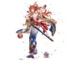  1girl bag blue_eyes bow full_body granblue_fantasy hair_bow hair_ornament handbag holding japanese_clothes kimono lecia_(granblue_fantasy) long_hair looking_at_viewer looking_back minaba_hideo obi official_art open_mouth orange_hair petals sandals sash smile solo sword tabi transparent_background weapon wide_sleeves 