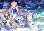  1boy 1girl aries bangs blue_eyes blush bracelet bracer braid cancer closed_mouth collaboration constellation eyebrows_visible_through_hair gemini globe grey_hair hair_between_eyes hanamura_mai horoscope jewelry laurel_crown leo long_hair looking_at_viewer maro_(nikeneko523) original pink_hair planet sandals sheet_music sitting sky smile star_(sky) starry_sky taurus twintails very_long_hair yokozuwari 