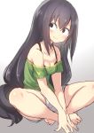  1girl 3: asui_tsuyu bare_shoulders black_eyes black_hair blush boku_no_hero_academia breasts cleavage closed_mouth collarbone eyebrows_visible_through_hair gradient gradient_background grey_background hair_between_eyes hirasato indian_style long_hair looking_to_the_side off_shoulder shorts sitting sketch small_breasts solo very_long_hair 