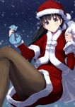  1girl a amagami ayatsuji_tsukasa black_hair christmas hat highres konkito legs_crossed long_hair looking looking_at_viewer multicolored multicolored_eyes pantyhose sack santa_hat snow snowing solo 