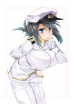  1girl blue_eyes blue_hair blush breasts epaulettes female_admiral_(kantai_collection) folded_ponytail gloves gradient_hair hand_on_own_chin hat highres impossible_clothes jacket kagetsu_(tonoyayoi4) kantai_collection large_breasts leaning_forward long_sleeves military military_hat military_uniform multicolored_hair naval_uniform pants peaked_cap solo uniform upper_body white_gloves white_jacket white_pants 