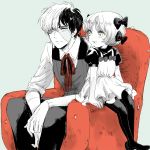  1boy 1girl :d armchair bangs black_hair black_jack_(character) black_jack_(series) blue_background blush bowl_cut buttons chair collar collared_shirt dress eye_contact eyelashes fingernails full_body hair_ornament hair_ribbon hands_on_own_knees light_smile looking_at_another multicolored_hair no_shoes open_mouth pants pantyhose parted_bangs pinafore_dress pinoko puffy_short_sleeves puffy_sleeves ribbon scar sekawa_(krk) shirt short_hair short_sleeves simple_background sitting sleeves_folded_up smile spot_color stitches teeth two-tone_hair vest white_hair white_skin 