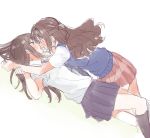  2girls blush brown_eyes brown_hair green_eyes half_updo ice ice_cube idolmaster idolmaster_cinderella_girls incipient_kiss long_hair lying multiple_girls nagiriku912 necktie on_back plaid plaid_skirt school_uniform shibuya_rin shimamura_uzuki shirt side_ponytail sketch skirt sweat sweater teeth_hold tongue tongue_out wrist_grab yuri 