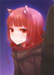  1girl absurdres animal_ears ayakura_juu brown_hair eyebrows_visible_through_hair highres holo hood long_hair looking_at_viewer official_art red_eyes smile spice_and_wolf wolf_ears 