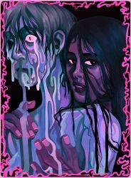  2girls black_background black_hair black_lips blue_skin border colored_sclera colored_skin commentary dark dark-skinned_female dark_skin dripping english_commentary grey_hair highres horror_(theme) leah_(our_wives_under_the_sea) liquid long_hair looking_at_viewer miri_(our_wives_under_the_sea) multiple_girls open_mouth ornate_border our_wives_under_the_sea pink_border pink_eyes pink_light pink_pupils pink_sclera quezify short_hair surreal upper_body wet wet_hair wide-eyed yuri 