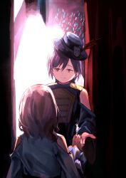  2girls absurdres backstage bare_shoulders black_shirt buttons ceras_yanagida_lilienfeld clothing_cutout commentary_request dms double-breasted edelied feathers glowstick grey_hair grey_hat hair_ornament hat hat_feather highres katsuragi_izumi link!_like!_love_live! long_hair long_sleeves looking_at_another love_live! multiple_girls offering_hand_to_another official_alternate_costume orange_eyes penlight_(glowstick) red_feathers shirt shoulder_cutout stage triangle_hair_ornament wolf_cut 