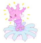  &gt;_&lt; closed_eyes closed_mouth corsola half-closed_eyes highres mareanie no_humans open_mouth pokemon pokemon_(creature) pokemon_(game) pokemon_sm sharp_teeth simple_background smile spike spikes teeth upside-down white_background 