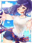  1girl ;d blue_hair blush bra breasts clothes_around_waist commentary_request happy_birthday long_hair long_ponytail looking_at_viewer love_live! love_live!_sunshine!! matsuura_kanan medium_breasts one_eye_closed open_mouth outstretched_arms plaid plaid_shirt ponytail see-through shima_(mahirooon) shirt shirt_around_waist short_shorts shorts sidelocks signature smile solo sparkle spread_arms twitter_username underwear violet_eyes water_drop white_shirt 