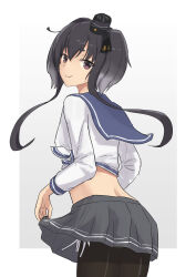  1girl adapted_costume alternate_costume ass back black_hair blue_sailor_collar blush gradient_background gradient_hair grey_background grey_hair grey_skirt hairband hat highres kantai_collection long_sleeves mini_hat multicolored_hair neckerchief pantyhose sailor_collar shirt short_hair short_hair_with_long_locks skirt smile smokestack_hair_ornament solo tied_shirt tokitsukaze_(kancolle) white_background yellow_neckerchief yuki_4040 