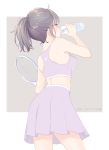  1girl 2017 absurdres artist_name bottle breasts brown_hair dated drinking facing_away highres original ponytail purple_skirt racket sideboob skirt standing tennis_racket water_bottle wet zdl_xiaobai 