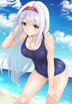  1girl alternate_costume beach bending_forward breasts collarbone cowboy_shot day dutch_angle hair_tousle hairband hand_on_leg highres kantai_collection large_breasts leaning_forward long_hair looking_at_viewer ocean one-piece_swimsuit outdoors pestxsan shoukaku_(kantai_collection) smile swimsuit thighs water white_hair yellow_eyes 