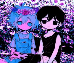  2boys antenna_hair basil_(headspace)_(omori) basil_(omori) black_eyes black_hair black_socks black_tank_top blue_overalls blush closed_mouth colored_skin expressionless flower green_eyes green_hair green_shirt head_wreath highres kobanzame_omo looking_at_viewer male_focus multiple_boys omori omori_(omori) over-kneehighs overall_shorts overalls photo_(object) scrapbook shirt short_hair short_sleeves shorts smile socks striped_clothes striped_shorts tank_top thigh-highs vertical-striped_clothes vertical-striped_shorts white_shorts white_skin 