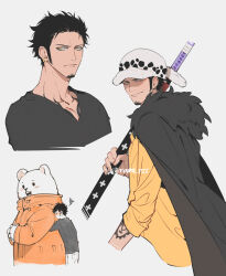  2boys arm_tattoo bear_boy bepo black_cape cape closed_mouth facial_hair fingernails furry furry_male goatee hat holding holding_sword holding_weapon hug katana long_sideburns male_focus multiple_boys multiple_views one_piece rami_rz shirt sideburns squiggle sword tattoo trafalgar_law weapon white_hat yellow_shirt 