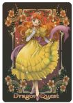  1girl art_nouveau breasts copyright_name dragon_quest dragon_quest_i dress elbow_gloves full_body gloves green_eyes jewelry long_hair necklace orange_hair princess princess_laura smile solo star tiara toniomi white_gloves yellow_dress 