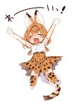  1girl :d animal_ears armpits arms_up bare_shoulders blonde_hair blush bow bowtie breasts cat_ears cat_tail closed_eyes elbow_gloves eyebrows_visible_through_hair full_body gloves jumping kedama_milk kemono_friends open_mouth serval_(kemono_friends) shoes short_hair skirt sleeveless smile solo tail thigh-highs 