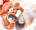  1girl animal_ears apron bad_id bad_pixiv_id bell bell_collar breasts collar fate/grand_order fate_(series) fox_ears fox_tail hair_ribbon large_breasts long_hair looking_at_viewer maid maid_apron maid_headdress open_mouth paws pink_hair ribbon shishima solo tail tamamo_(fate)_(all) tamamo_cat_(fate) thigh-highs yellow_eyes 