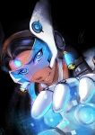  1girl asymmetrical_clothes black_hair blue_dress blue_eyes brown_hair cyborg dark_skin dress earrings forehead_jewel hanning_in headgear headphones jewelry lips long_hair looking_at_viewer mechanical_arm overwatch signature smile solo symmetra_(overwatch) teeth visor 