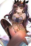  1girl armlet bare_shoulders black_hair black_legwear crown earrings fate/grand_order fate_(series) hair_ribbon hoop_earrings ishtar_(fate/grand_order) jewelry long_hair looking_at_viewer mirutulove red_eyes ribbon signature single_thighhigh solo thigh-highs tohsaka_rin 