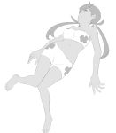  1girl bare_arms bare_legs bare_shoulders barefoot bikini breasts collarbone eyebrows_visible_through_hair feet floral_print flower full_body greyscale groin hair_flower hair_ornament knees_together_feet_apart long_hair lying mallow_(pokemon) medium_breasts monochrome navel on_back open_mouth pokemon pokemon_(anime) pokemon_(game) pokemon_sm pokemon_sm_(anime) simple_background solo strapless strapless_bikini swimsuit thigh_gap trial_captain twintails white_background zzz_(draw) 