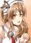  1girl bare_shoulders blush breasts brown_eyes brown_hair detached_sleeves gradient gradient_background hat headdress highres kamelie kantai_collection lips littorio_(kantai_collection) long_hair necktie open_mouth smile solo upper_body 