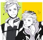  !? 2boys age_difference backpack bag glasses_on_head green_background hair_tousle hood hoodie kino_(noki418) looking_at_another male_focus multiple_boys musical_note pokemon pokemon_go semiquaver short_hair simple_background smile spark_(pokemon) two-tone_background willow_(pokemon) yellow_background 