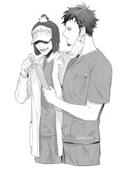  2boys animal_on_head bird bird_on_head breast_pocket coat commentary cropped_legs earrings facial_hair goatee greyscale hat hat_over_eyes holding jewelry male_focus mask monochrome mouth_mask multiple_boys multiple_earrings on_head one_piece open_mouth pants penguin_(one_piece) pocket pointing rami_rz short_sleeves symbol-only_commentary teeth trafalgar_law 