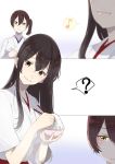 2girls ? akagi_(kantai_collection) black_hair blush brown_hair chopsticks closed_mouth comic commentary eating hair_between_eyes japanese_clothes kaga_(kantai_collection) kantai_collection kimono long_hair looking_at_viewer looking_away multiple_girls musical_note rice rice_bowl short_sleeves side_ponytail simple_background smile spoken_musical_note spoken_question_mark straight_hair tachikoma_(mousou_teikoku) 