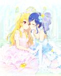  2girls aikatsu! arm_support bangs bare_shoulders bead_bracelet beads blonde_hair blue_bow blue_dress blue_hair blue_rose bow bow_earrings bracelet breasts bridal_gauntlets bridal_veil bride choker church_interior cleavage closed_mouth confetti couple curly_hair dress earrings elbow_gloves eyelashes face-to-face flower from_side glint gloves hair_between_eyes hair_flower hair_ornament heart hoshimiya_ichigo incipient_kiss indoors jewelry kiriya_aoi lace lace-trimmed_dress long_dress long_hair minatsuki_randoseru multiple_girls off-shoulder_dress off_shoulder parted_lips pink_dress profile red_eyes rose see-through shiny shiny_hair side_ponytail sitting slit_pupils small_breasts sparkle stained_glass strapless strapless_dress tiara veil wedding wedding_dress white_dress white_gloves wife_and_wife yuri 