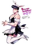  1boy alternate_costume animal_ears anz apron black_hair boots crossdressinging enmaided fake_animal_ears from_side full_body green_eyes higashikata_jousuke jojo_no_kimyou_na_bouken maid male_focsu muscle pompadour rabbit_ears signature solo thigh-highs thigh_boots twitter_username waist_apron wrist_cuffs zettai_ryouiki 