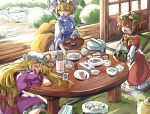  animal_ears baba_(baba_seimaijo) blonde_hair cat_ears chen commentary_request dishes dress food fox_tail hat hat_ribbon highres long_hair mob_cap multiple_tails pillow_hat purple_dress ribbon sleeping table tail touhou two_tails yakumo_ran yakumo_yukari 