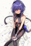  1girl assassin_(fate/prototype_fragments) bare_shoulders black_gloves black_legwear breasts cleavage fate/grand_order fate/prototype fate/prototype:_fragments_of_blue_and_silver fate_(series) gloves highres medium_breasts purple_hair shino_(eefy) short_hair sitting solo violet_eyes 