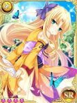  1girl :&lt; artist_request blonde_hair bottle butterfly card_(medium) curly_hair detached_sleeves dress enjutsu from_behind green_eyes holding koihime_musou long_hair looking_back obi official_art outdoors ribbon sash sky solo sun tree very_long_hair 