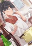  1girl apron black_hair bottle cabinet cooking houshou_(kantai_collection) japanese_clothes kantai_collection kappougi kimono kitchen ladle looking_away matsutani mixing_bowl plate ponytail pot sake_bottle saucer solo tasting utensil 