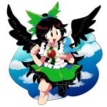  1girl beak bird bird_wings black_eyes black_shoes black_wings blue_bird blue_sky bow clenched_hands clouds commentary_request feathered_wings furukawa_(yomawari) green_bow green_skirt hair_bow looking_at_another no_nose open_mouth reiuji_utsuho shirt shoes short_sleeves skirt sky touhou white_shirt wings 
