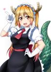  1girl bangs blonde_hair blush breasts cowboy_shot dragon_girl dragon_horns dragon_tail dress gloves hand_on_hip heart horns kobayashi-san_chi_no_maidragon large_breasts long_hair looking_at_viewer maid maid_headdress necktie open_mouth red_eyes red_necktie sash scales shiimai short_sleeves simple_background slit_pupils solo standing tail tooru_(maidragon) twintails white_background white_gloves 