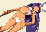  1girl bracelet breasts dark_skin earrings egyptian_clothes fate/grand_order fate_(series) holding holding_staff jackal_ears jewelry long_hair navel nitocris_(fate/grand_order) open_mouth purple_hair solo staff teeth tsukumo under_boob very_long_hair violet_eyes 