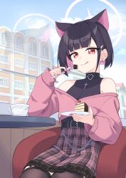  1girl :q animal_ears bare_shoulders belt black_belt black_hair black_shirt black_thighhighs blue_archive blue_sky cake cake_slice cat_ears cat_girl closed_mouth colored_inner_hair cross cross_necklace cup eating extra_ears food fork hair_ornament hairclip halo hands_up high-waist_skirt highres holding holding_fork holding_plate indoors jacket jewelry jirai_kei kazusa_(blue_archive) looking_at_viewer miniskirt multicolored_hair necklace on_chair partially_open_jacket pink_hair pink_halo pink_jacket pink_skirt plaid_clothes plaid_skirt plate projectorzero red_eyes saucer shirt short_hair sitting skirt sky sleeveless sleeveless_shirt smile solo table teacup thigh-highs tongue tongue_out window 