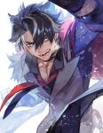  1boy black_hair coat earrings fur-trimmed_coat fur_trim genshin_impact hair_between_eyes highres jewelry lack male_focus multicolored_hair necktie open_mouth red_necktie short_hair simple_background solo streaked_hair teeth upper_body white_background wriothesley_(genshin_impact) 