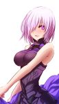  1girl :d armor armored_dress armpit_peek bare_arms bare_shoulders blush breasts fate/grand_order fate_(series) from_side hair_over_one_eye himo lavender_hair looking_at_viewer looking_to_the_side medium_breasts open_mouth pink_eyes shielder_(fate/grand_order) short_hair sleeveless smile solo 