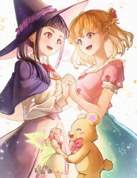  3girls absurdres aoi_hane asahina_mirai black_hat blonde_hair blouse blue_skirt blush bow bowtie closed_eyes commentary_request dress fairy fairy_wings flower hair_flower hair_ornament half_up_braid hanami_kotoha hat highres holding_hands izayoi_liko jewelry long_hair long_sleeves mahou_girls_precure! medium_hair mofurun_(mahou_girls_precure!) multicolored_clothes multicolored_dress multiple_girls necklace open_mouth pink_bow pink_bowtie pink_eyes pink_hair pink_shirt ponytail precure purple_hair purple_skirt red_bow red_bowtie shirt short_sleeves signature skirt smile stuffed_animal stuffed_toy teddy_bear twitter_username two-tone_capelet violet_eyes white_shirt wings witch_hat 