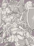  1boy 3girls aqua_(fire_emblem_if) armor axe benoit_(fire_emblem_if) charlotte_(fire_emblem_if) elfie_(fire_emblem_if) female_my_unit_(fire_emblem_if) fire_emblem fire_emblem_if greyscale highres holding holding_weapon lance monochrome multiple_girls my_unit_(fire_emblem_if) polearm shield torisudesu weapon 