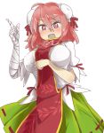  1girl bandaged_arm between_breasts blouse blush breast_hold breasts double_bun green_skirt highres ibaraki_kasen large_breasts open_mouth pink_eyes pink_hair pleated_skirt pointing pointing_up puffy_short_sleeves puffy_sleeves short_sleeves simple_background skirt solo tabard touhou tyouseki white_background white_blouse 