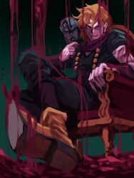  1boy aristocratic_clothes black_nails blonde_hair blood blood_drip bukibukibuk crossed_legs dio_brando evil_grin evil_smile grin highres holding holding_mask jojo_no_kimyou_na_bouken mask phantom_blood pool_of_blood purple_scarf red_eyes scarf sitting_on_throne smile solo sono_chi_no_sadame stone_mask_(jojo) throne vampire white_sleeves yellow_footwear 