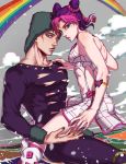  1boy 1girl anz birthmark blue_eyes boots braid clouds double_bun green_nails grey_hair grey_lipstick halter_top halterneck joestar_birthmark jojo_no_kimyou_na_bouken kuujou_jolyne lipstick makeup miniskirt multicolored_hair nail_polish pink_hair pink_lipstick pink_nails purple_hair rainbow single_braid skirt tattoo two-tone_hair weather_report 