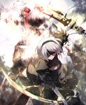  1girl black_dress blindfold breasts cleavage cleavage_cutout dress dual_wielding explosion gloves hairband holding holding_sword holding_weapon juliet_sleeves long_sleeves medium_breasts nier_(series) nier_automata pod_(nier_automata) puffy_sleeves short_hair silver_hair sword tsuedzu weapon white_gloves yorha_no._2_type_b 