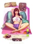  1girl arm_behind_head bag_of_chips barefoot bra_strap brown_eyes brown_hair carpet casual chips controller crop_top d.va_(overwatch) feet food game_console game_controller highres indian_style krystopher_decker lucio_(overwatch) midriff navel off_shoulder overwatch pillow poster_(object) short_shorts shorts sitting soda_bottle solo toes whisker_markings zerg_baneling 