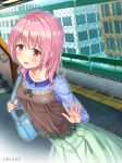  1girl artist_request bag blue_shirt blush bow commentary_request green_skirt looking_at_viewer open_mouth original pink_eyes pink_hair shirt short_hair skirt solo tareme train_station 