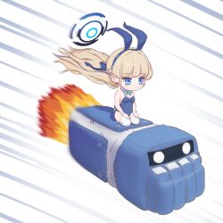  1girl animal_ears aqua_bow aqua_bowtie bare_shoulders blonde_hair blue_archive blue_eyes blue_hair blue_halo blue_leotard blue_ribbon blush bow bowtie chibi closed_mouth commentary detached_collar expressionless fake_animal_ears floating_hair full_body hair_ribbon half_up_braid halo hands_on_own_knees highres leotard long_hair looking_ahead motion_blur motion_lines mugisepa multicolored_hair official_alternate_costume official_alternate_hairstyle playboy_bunny rabbit_ears ribbon rocket_punch seiza simple_background sitting solo strapless strapless_leotard streaked_hair thigh-highs toki_(blue_archive) toki_(bunny)_(blue_archive) very_long_hair white_background white_thighhighs white_wrist_cuffs wrist_cuffs 
