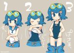  1girl bare_shoulders blue_eyes blue_hair blush eromame goggles goggles_on_head number pokemon pokemon_(game) pokemon_sm short_hair simple_background sleeveless solo suiren_(pokemon) swimsuit swimsuit_under_clothes text translated trial_captain undressing 